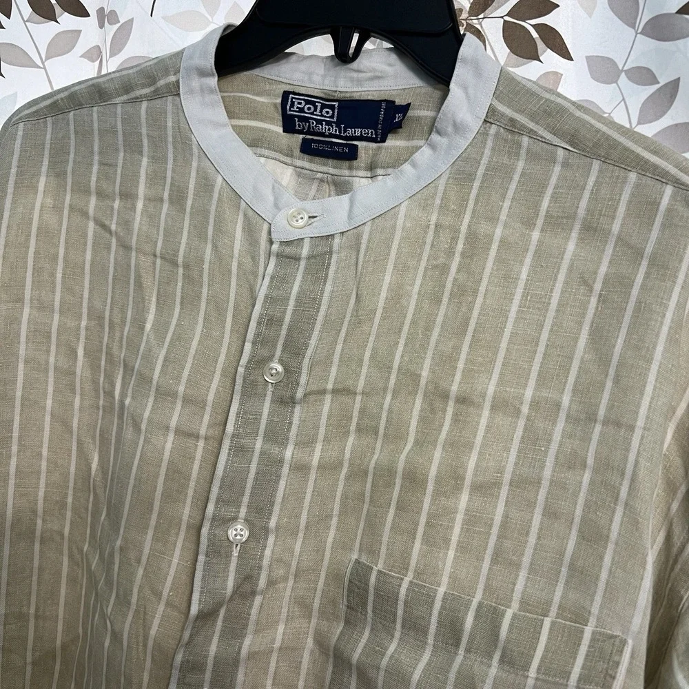 Vintage Polo Ralph Lauren Linen Band Collar Grandad Shirt XL Beige White Stripe